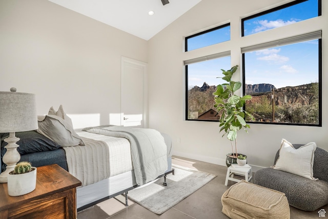 160 W Pebble, Rockville, UT 84763 - bedroom with high vaulted ceiling, baseboards, finished concrete floors, and recessed lighting