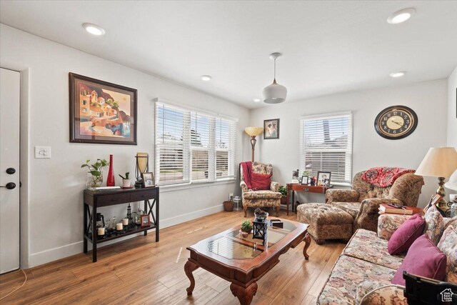 living room with hardwood / wood-style floors, baseboards, and recessed lighting
