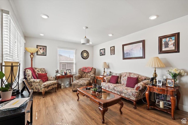 living area featuring wood finished floors and recessed lighting
