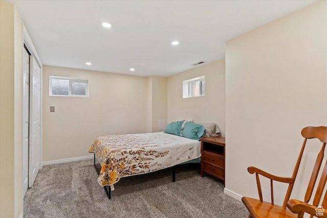 bedroom featuring recessed lighting, carpet flooring, visible vents, and baseboards