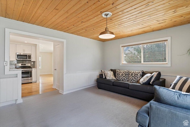 living room with wood ceiling and light carpet