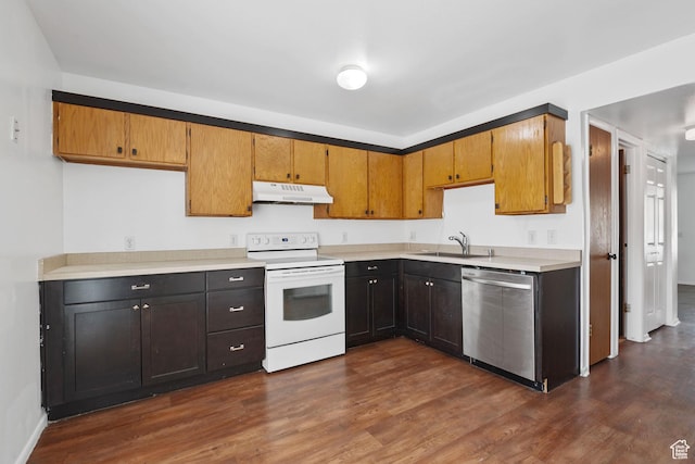 kitchen featuring dark wood-type flooring, stainless steel dishwasher, electric range, and under cabinet range hood