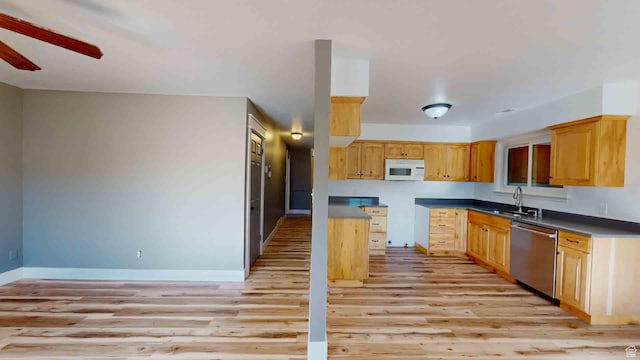 1653 N Cedar Blvd, Cedar City, UT 84721 - kitchen with dishwasher, a sink, a ceiling fan, white microwave, and light wood-style flooring