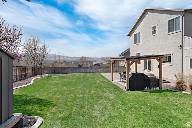 view of yard with a mountain view, a patio area, and a fenced backyard