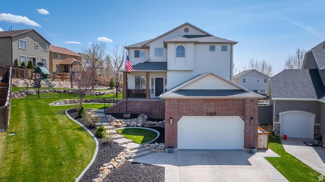 view of front of house featuring concrete driveway, roof with shingles, a front lawn, brick siding, and a garage