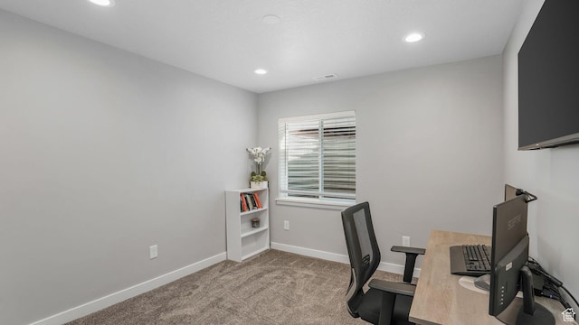 home office with carpet floors, baseboards, recessed lighting, and visible vents
