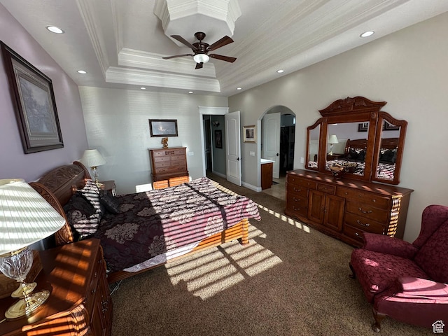 1234 S Parkway Blvd E Unit 725, Saratoga Springs, UT 84045 - carpeted bedroom featuring a raised ceiling, arched walkways, ornamental molding, and recessed lighting