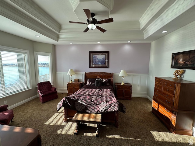 1234 S Parkway Blvd E Unit 725, Saratoga Springs, UT 84045 - bedroom featuring crown molding, a tray ceiling, a wainscoted wall, and carpet floors