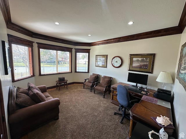 1234 S Parkway Blvd E Unit 725, Saratoga Springs, UT 84045 - carpeted office with a textured ceiling, baseboards, ornamental molding, and recessed lighting