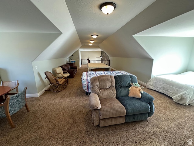 1234 S Parkway Blvd E Unit 725, Saratoga Springs, UT 84045 - carpeted bedroom featuring baseboards, a textured ceiling, and lofted ceiling