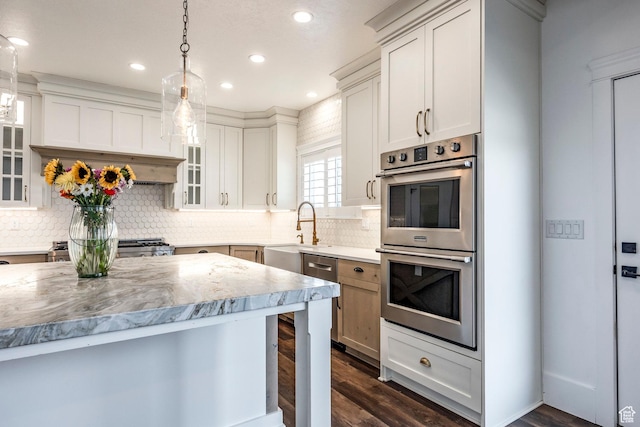 159 E 625 S, Mantua, UT 84324 - kitchen with stainless steel double oven, a sink, recessed lighting, backsplash, and glass insert cabinets