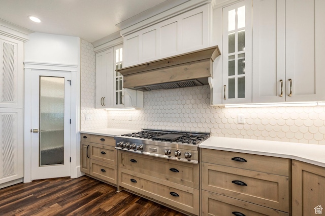 159 E 625 S, Mantua, UT 84324 - kitchen with stainless steel gas stovetop, light countertops, under cabinet range hood, glass insert cabinets, and recessed lighting