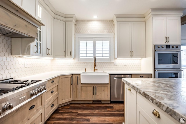 159 E 625 S, Mantua, UT 84324 - kitchen featuring appliances with stainless steel finishes, a sink, under cabinet range hood, dark wood finished floors, and decorative backsplash