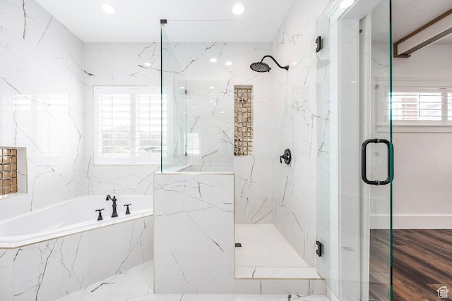 159 E 625 S, Mantua, UT 84324 - bathroom with a marble finish shower, a garden tub, and recessed lighting