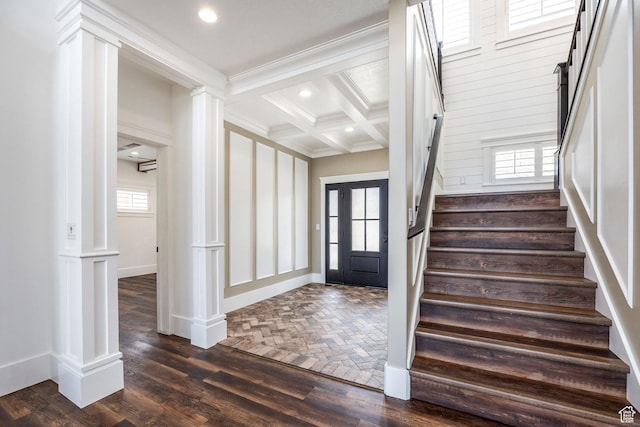 159 E 625 S, Mantua, UT 84324 - foyer entrance with stairway, decorative columns, ornamental molding, coffered ceiling, and recessed lighting