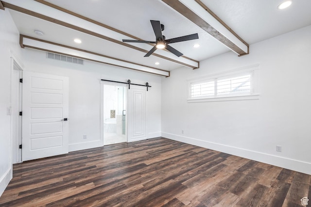 159 E 625 S, Mantua, UT 84324 - empty room with beam ceiling, a barn door, baseboards, dark wood-type flooring, and ceiling fan