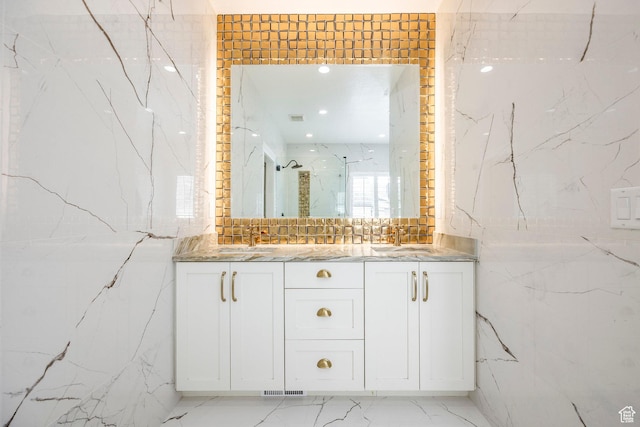 159 E 625 S, Mantua, UT 84324 - bathroom with marble finish floors, tile walls, a marble finish shower, and double vanity