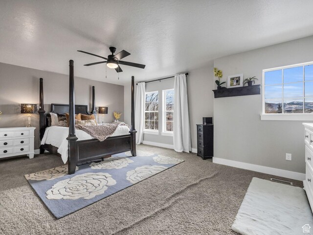 1962 Bluff Crest Rd Unit 4, Francis, UT 84036 - bedroom featuring baseboards, a textured ceiling, carpet floors, visible vents, and ceiling fan