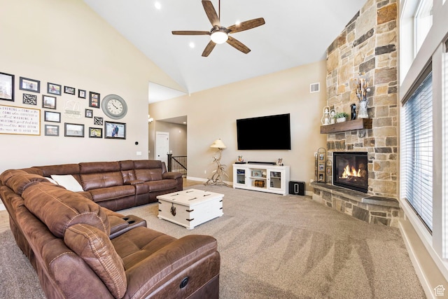 1125 S 400 E, Salem, UT 84653 - living area featuring baseboards, a fireplace, carpet floors, ceiling fan, and high vaulted ceiling