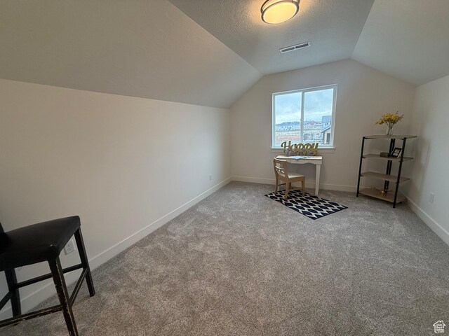 3758 W Alder Ct, Taylor, UT 84401 - additional living space with a textured ceiling, visible vents, carpet flooring, lofted ceiling, and baseboards