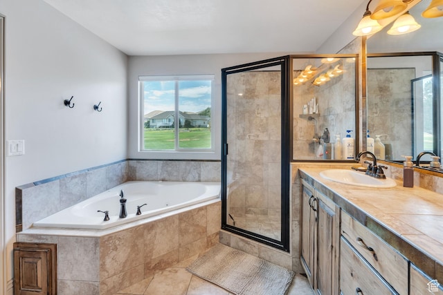 4071 S Sandpiper Ln, Saratoga Springs, UT 84045 - bathroom with a shower stall, tile patterned flooring, vanity, and a bath