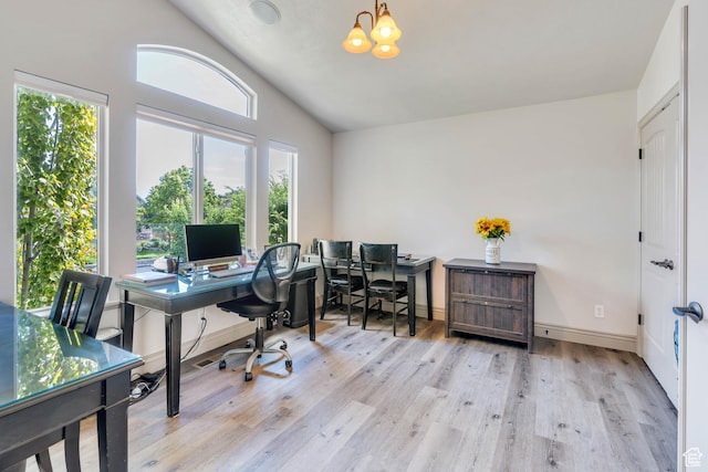 4071 S Sandpiper Ln, Saratoga Springs, UT 84045 - office with wood finished floors, baseboards, vaulted ceiling, and a notable chandelier