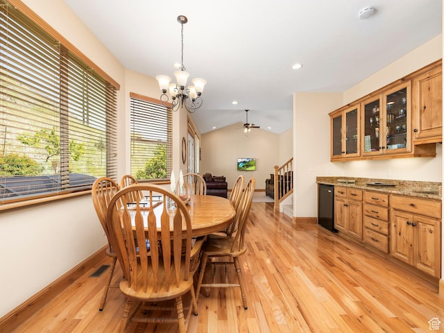 1411 S Slate Canyon Dr, Provo, UT 84606 - dining area featuring light wood finished floors, stairway, a chandelier, ceiling fan, and recessed lighting