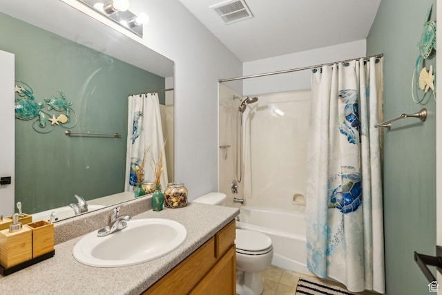 full bath with shower / bath combo, visible vents, toilet, and vanity