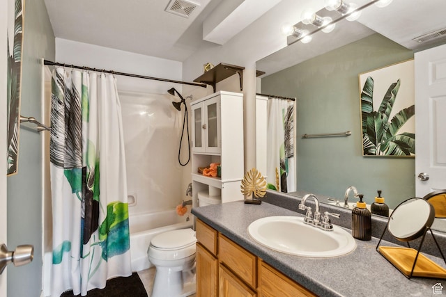 full bath featuring toilet, shower / bathtub combination with curtain, vanity, and visible vents
