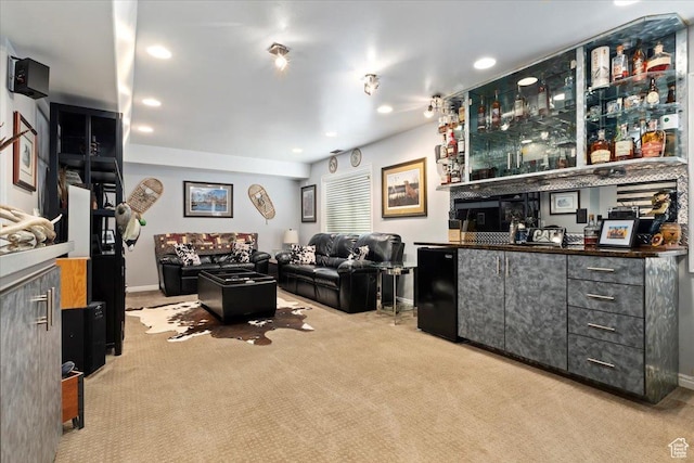 living area with bar area, baseboards, recessed lighting, and carpet floors