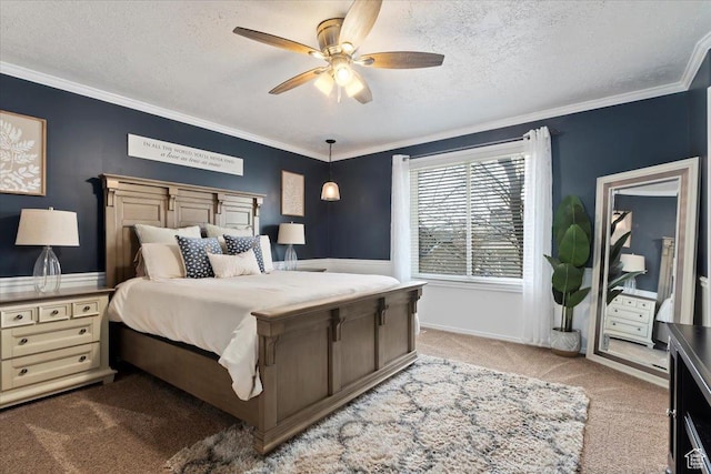 bedroom with a textured ceiling, light colored carpet, crown molding, and a ceiling fan