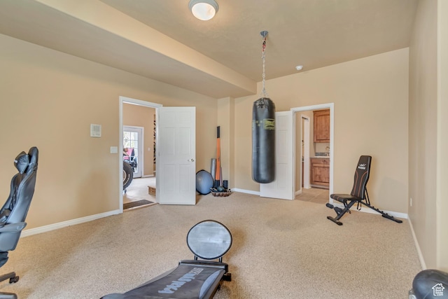 exercise room featuring baseboards and light carpet