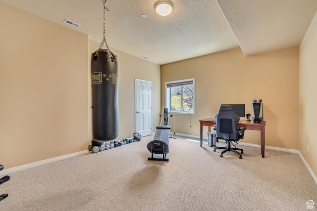 exercise area featuring carpet, visible vents, and baseboards