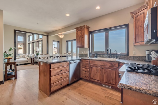 kitchen featuring a peninsula, light wood-style flooring, a sink, and appliances with stainless steel finishes