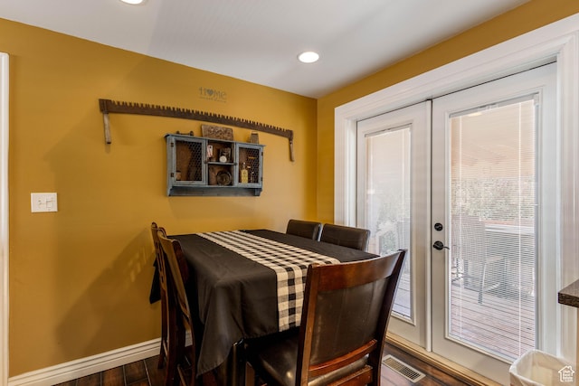 395 Fairlane Dr, Tooele, UT 84074 - dining space featuring visible vents, recessed lighting, wood finished floors, french doors, and baseboards