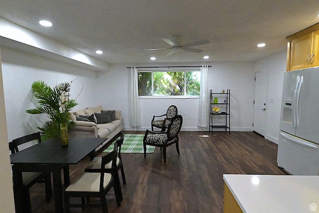 dining space featuring baseboards, a ceiling fan, recessed lighting, and dark wood finished floors