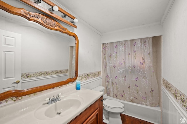 146 W 400 S, Tooele, UT 84074 - full bath featuring ornamental molding, toilet, shower / tub combo with curtain, and vanity