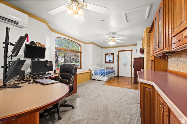146 W 400 S, Tooele, UT 84074 - bedroom with ornamental molding, ceiling fan, a wall mounted AC, carpet, and attic access