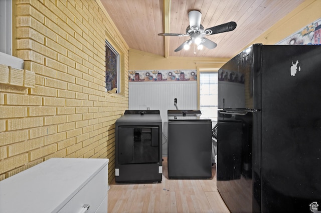 146 W 400 S, Tooele, UT 84074 - laundry area featuring ceiling fan, wooden ceiling, brick wall, light wood finished floors, and washing machine and dryer