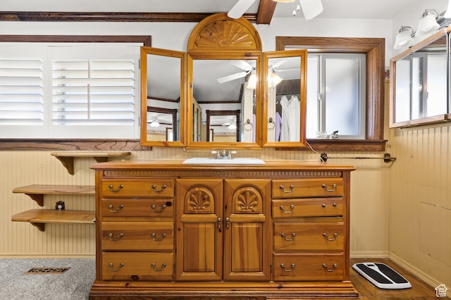 146 W 400 S, Tooele, UT 84074 - bathroom with vanity, baseboards, and a ceiling fan
