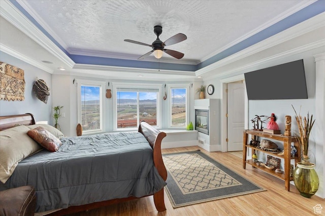 106 N Bear River Blfs, Preston, ID 83263 - bedroom with light wood-style flooring, ornamental molding, a tray ceiling, a ceiling fan, and a textured ceiling