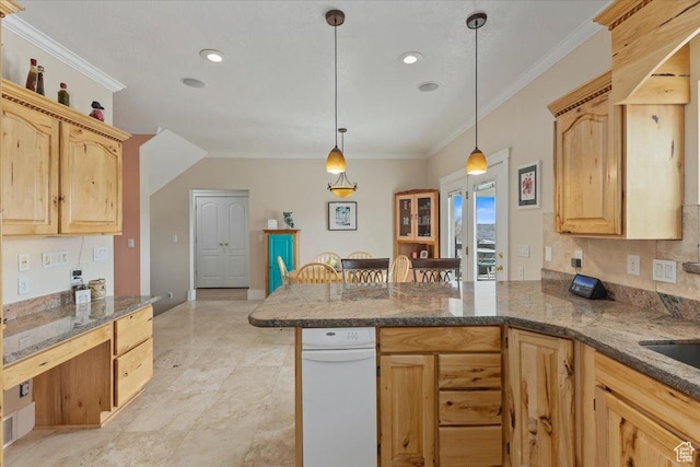 106 N Bear River Blfs, Preston, ID 83263 - kitchen featuring a peninsula, light brown cabinetry, ornamental molding, hanging light fixtures, and stone counters