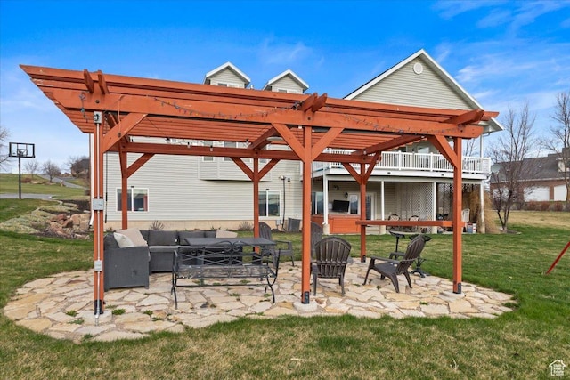 106 N Bear River Blfs, Preston, ID 83263 - view of patio / terrace with a hot tub, an outdoor living space with a fire pit, and a pergola