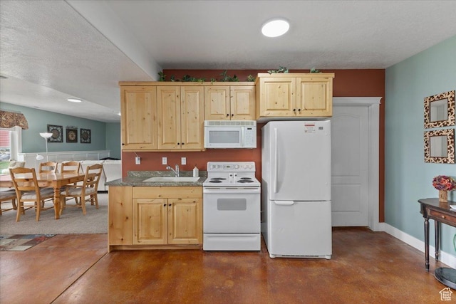 106 N Bear River Blfs, Preston, ID 83263 - kitchen featuring white appliances, a sink, concrete flooring, and light brown cabinets