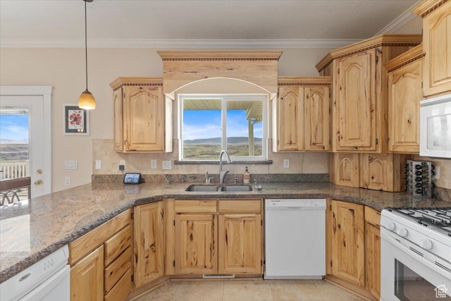 106 N Bear River Blfs, Preston, ID 83263 - kitchen featuring white appliances, a sink, crown molding, dark stone counters, and pendant lighting