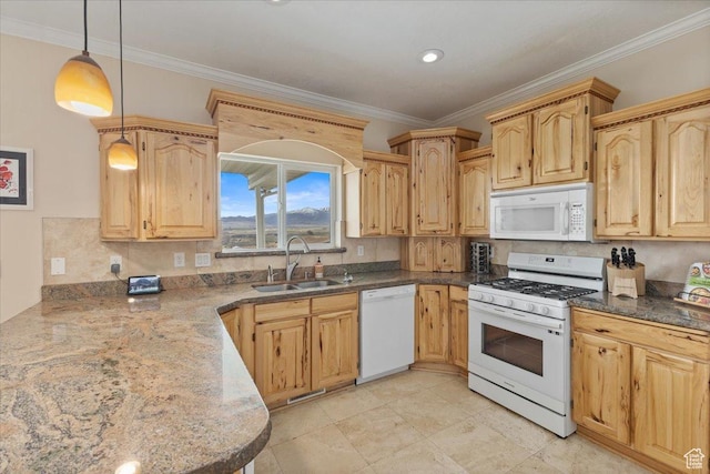 106 N Bear River Blfs, Preston, ID 83263 - kitchen featuring white appliances, a sink, decorative backsplash, and crown molding