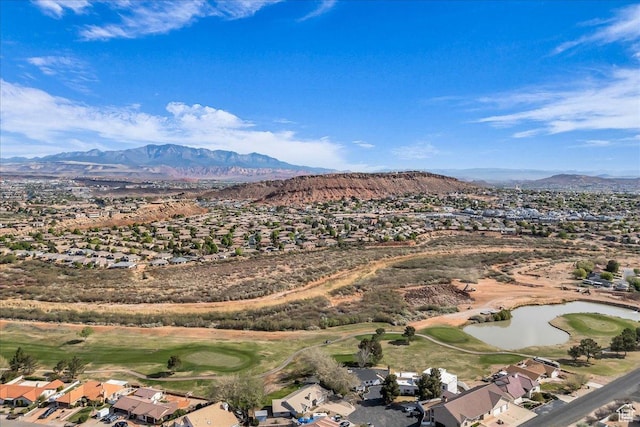 bird's eye view with golf course view, a water and mountain view, and a residential view
