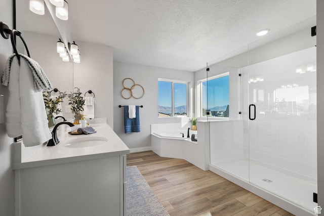 199 N Mia Cv E Unit 12, Saratoga Springs, UT 84045 - bathroom featuring wood finished floors, a garden tub, double vanity, a shower stall, and a textured ceiling