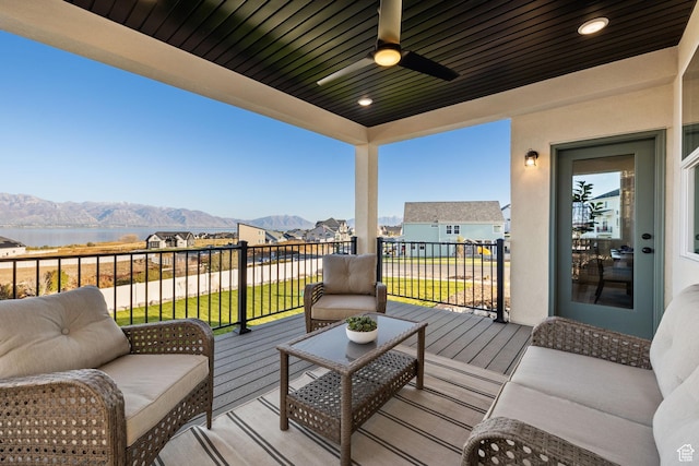 199 N Mia Cv E Unit 12, Saratoga Springs, UT 84045 - deck with a ceiling fan and a water and mountain view