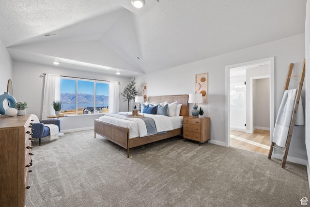 199 N Mia Cv E Unit 12, Saratoga Springs, UT 84045 - carpeted bedroom featuring a textured ceiling, lofted ceiling, a mountain view, and baseboards